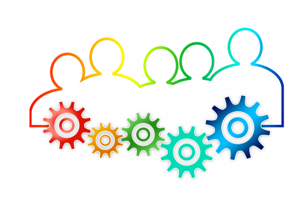 teamwork graphic, outline of people and cogs